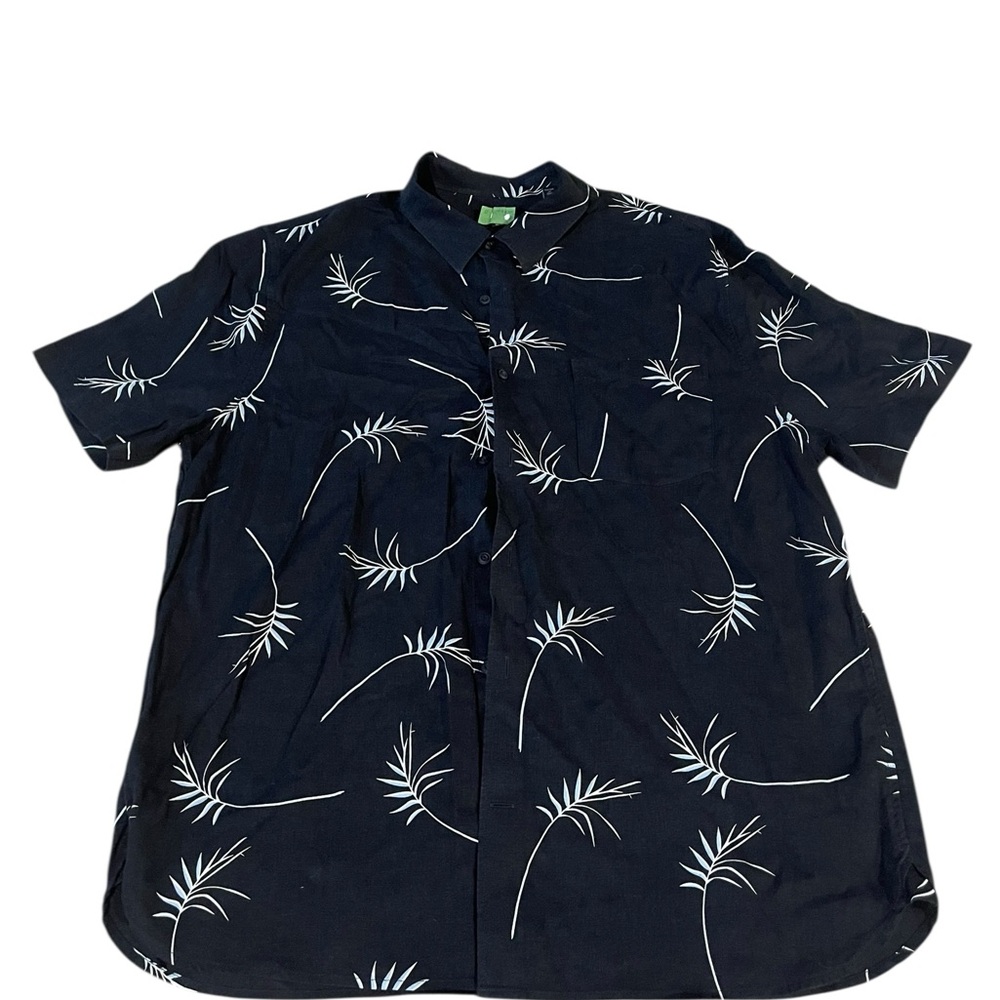 Vince Black Short-Sleeve Button-Down with White Botanical Print